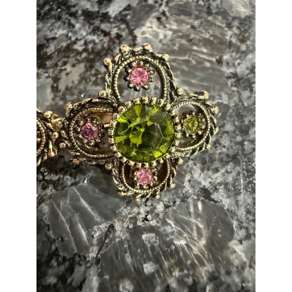 Vintage Sarah Coventry Green & Pink Rhinestone Flower Clip-On Earrings Gold Tone - Picture 3 of 9